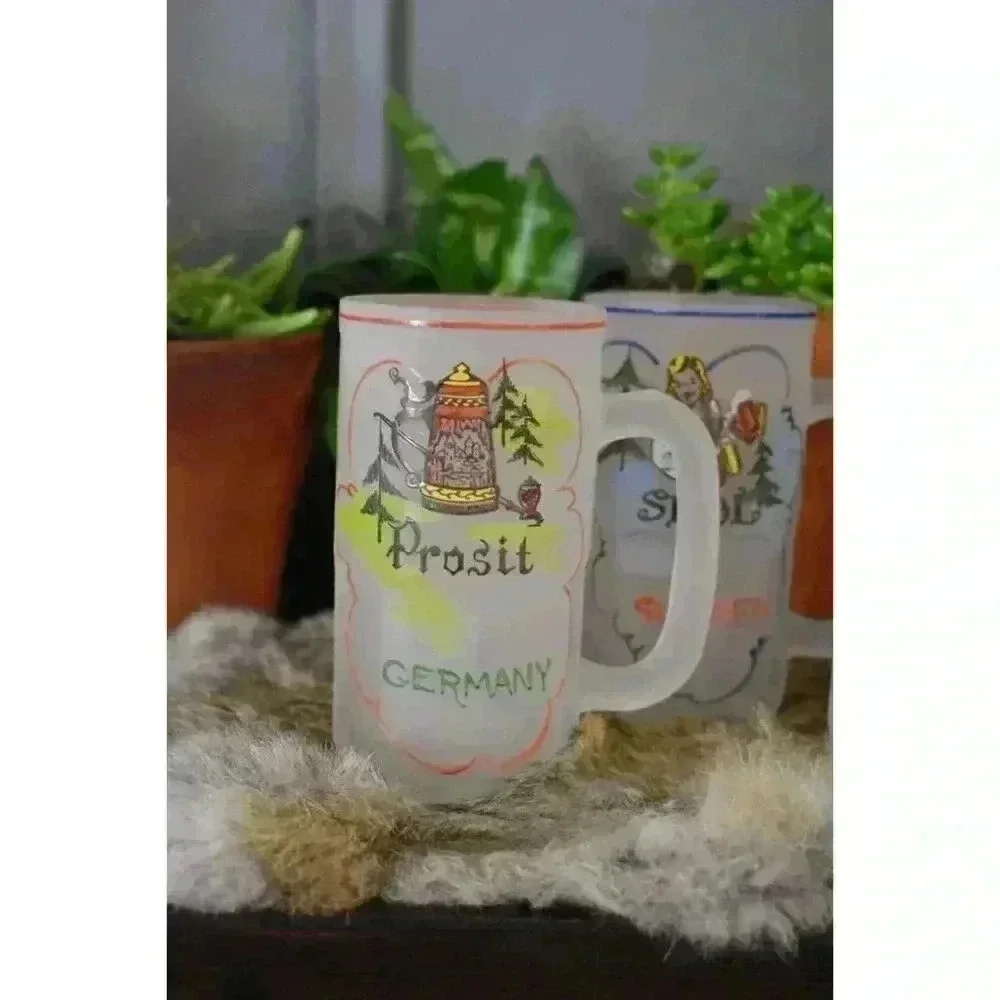 4 Frosted Beer Mugs Prosit Skol Ireland‎ glass stein vintage barware European